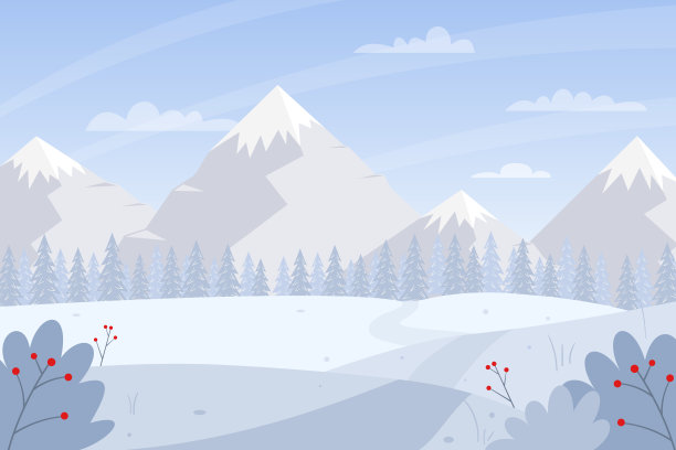 横冬，雪景。山，雪道，雪堆，冷杉树，白雪覆盖的灌木丛。颜色向量插图。自然背景与空白文字图片下载