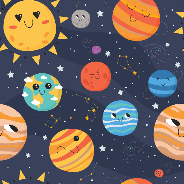 可爱的无缝儿童图案。空间的概念。在黑暗背景中有恒星和彗星的太阳系行星。图片下载