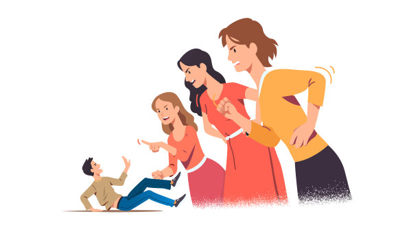 大老婆盛气凌人，女人骂丈夫，男人躺在地上。傲慢的妻子有冲突的关系问题。母权制、男权压制概念平面矢量图解图片下载