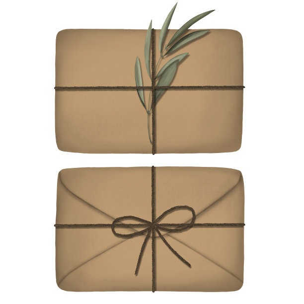 现实的工艺棕色信封与麻绳与绿色的树枝绑在白色的背景。设计的复古模板。纹理的纸。手绘图片下载