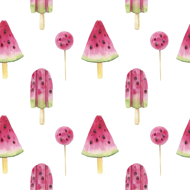 无缝模式与熟透多汁的西瓜片和糖果，水彩插图在白色的背景“n图片下载