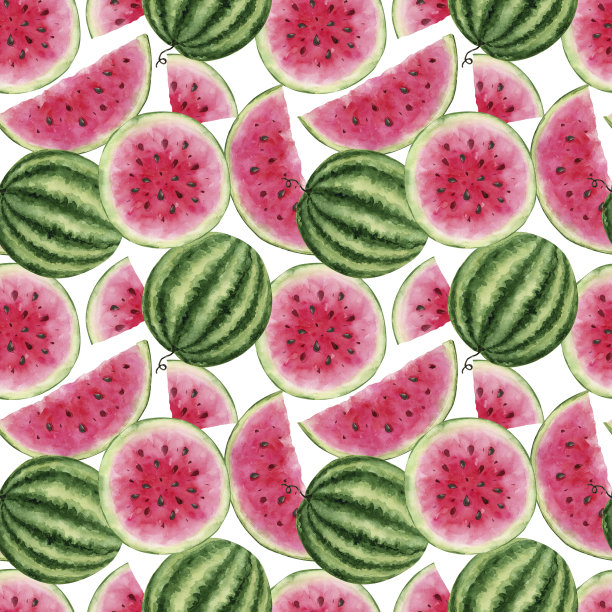 无缝模式与熟透多汁的西瓜片，水彩插图上的白色背景“n图片下载