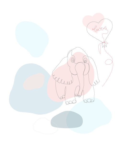 粉红色的大象，上面有心形气球和“爱”的铭文图片下载