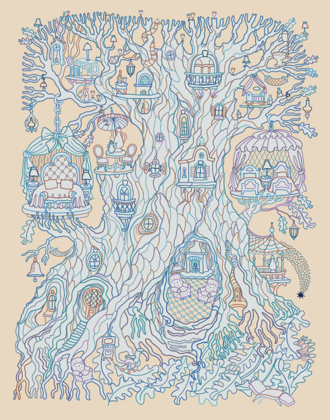手绘幻想老树和童话房子。线性彩色轮廓素描在米色的背景。成人和儿童涂色书页，隔离隔离期概念图片下载