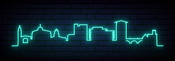 河畔的蓝色霓虹天际线。亮滨江城长条旗。矢量插图。图片下载