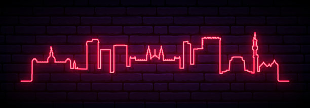 比勒陀利亚的红色霓虹天际线。明亮的比勒陀利亚城长横幅。矢量插图。图片下载