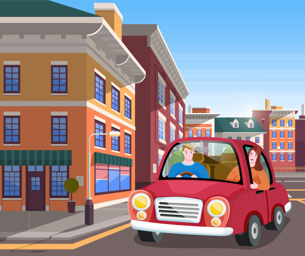 一对夫妇开车一起旅行。人们在城市里开车看建筑物图片下载