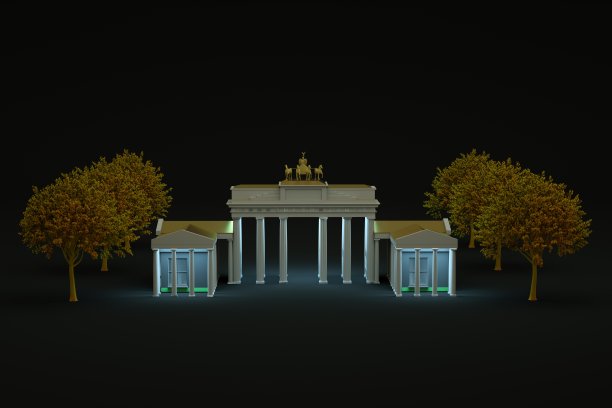 3D地标物体与柱和一个雕像的马在顶部。地标附近长着树。黑色的孤立背景。特写镜头图片下载