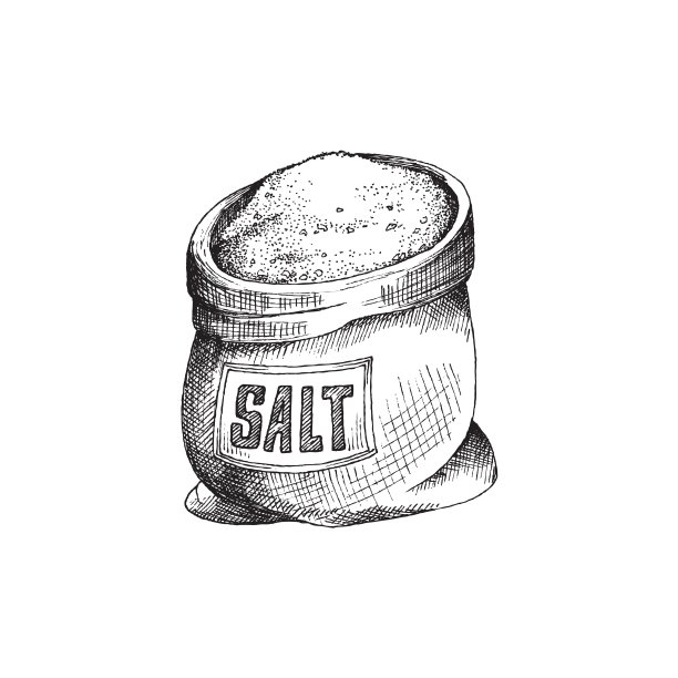 麻袋与标签满颗粒盐矢量插图雕刻风格。图片下载