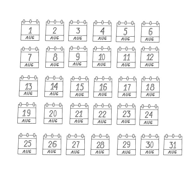 八月月历设置页手绘涂鸦风格。极简主义单色斯堪的纳维亚北欧班轮。计划，业务，日期，日期。收藏图标,打印图片下载