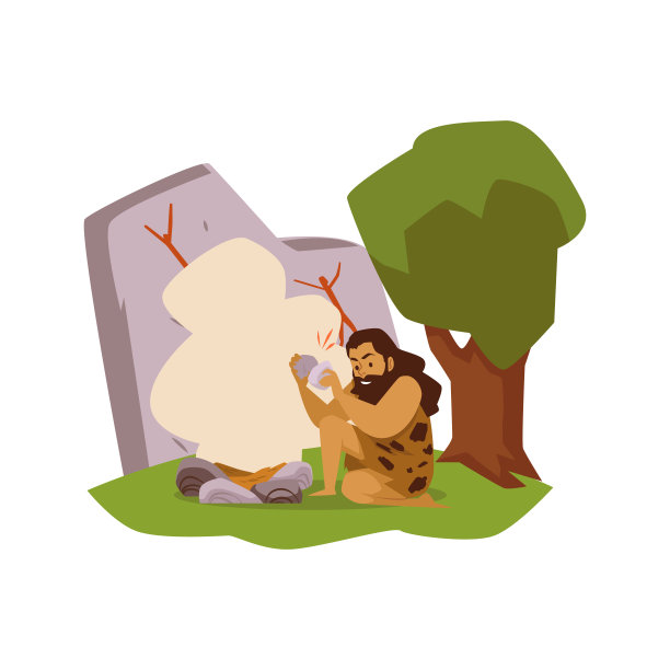 原始部落穴居人性格点燃火，平面矢量插图孤立。图片下载