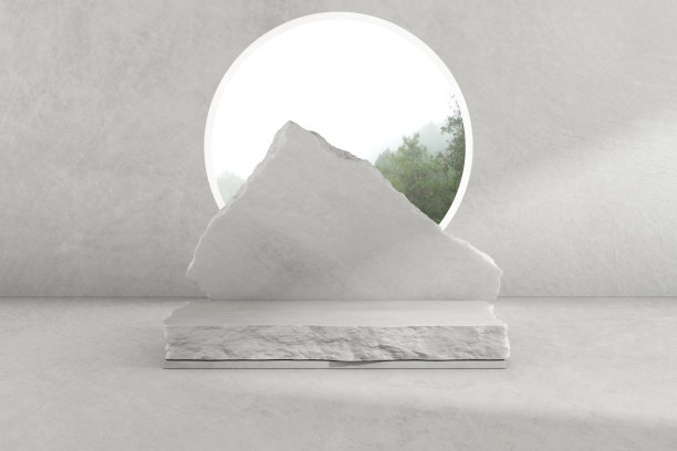 混凝土房间的3d渲染与大的圆形窗口和石材平台的产品展示。基座或平台。图片下载