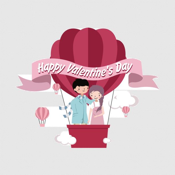 情侣热气球手绘插画素材图片