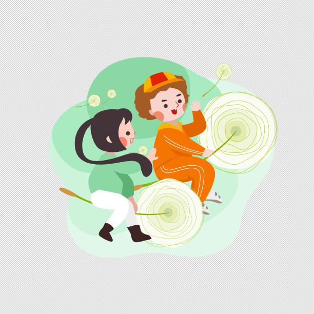 男孩女孩玩蒲公英插画图片下载