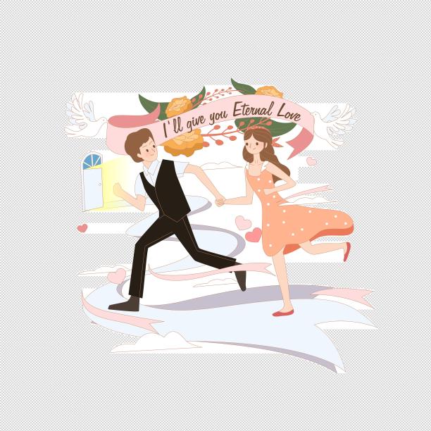 手牵手奔跑的情侣插画图片下载