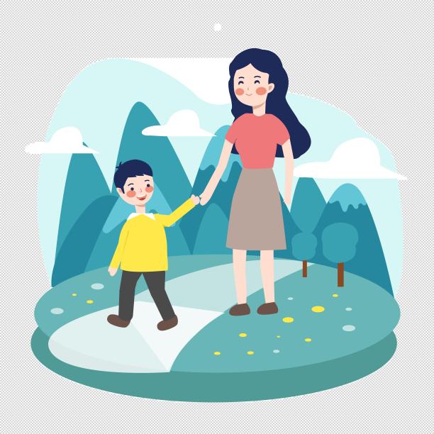 母子户外散步插画图片下载
