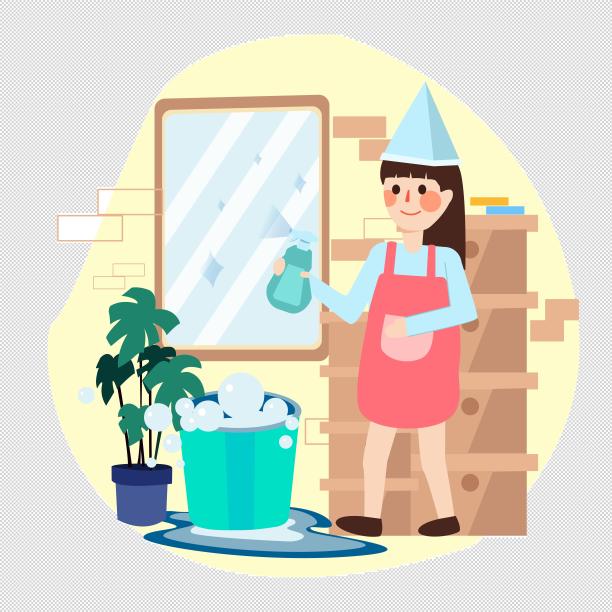 创意女孩打扫卧室卡通图片下载