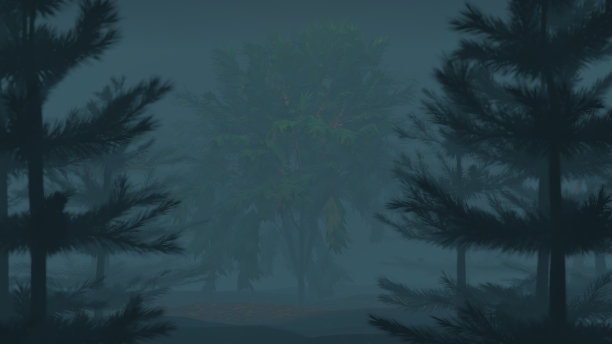 森林景观的3D插图图形与树木运动由于风和重雾环境。图片下载