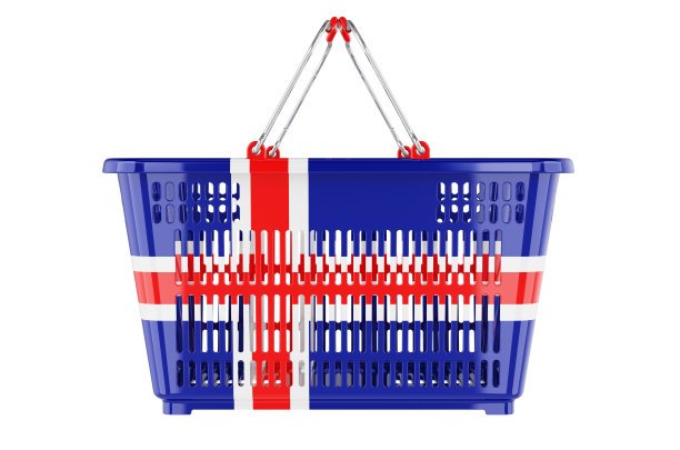 印有冰岛国旗的购物篮，市场购物篮或购买力概念。3D渲染孤立的白色背景图片下载