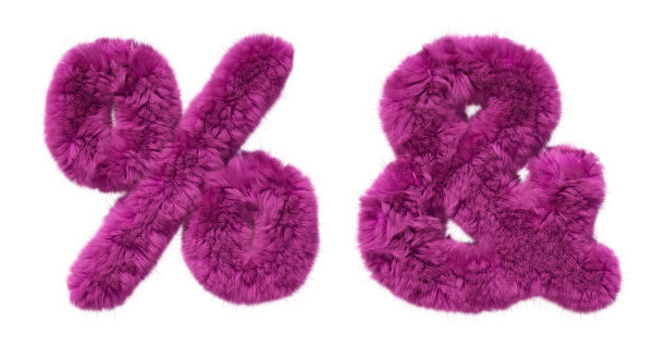 粉色皮草字母表。毛毛百分比和&号孤立在白色背景上。3 d渲染图像。图片下载