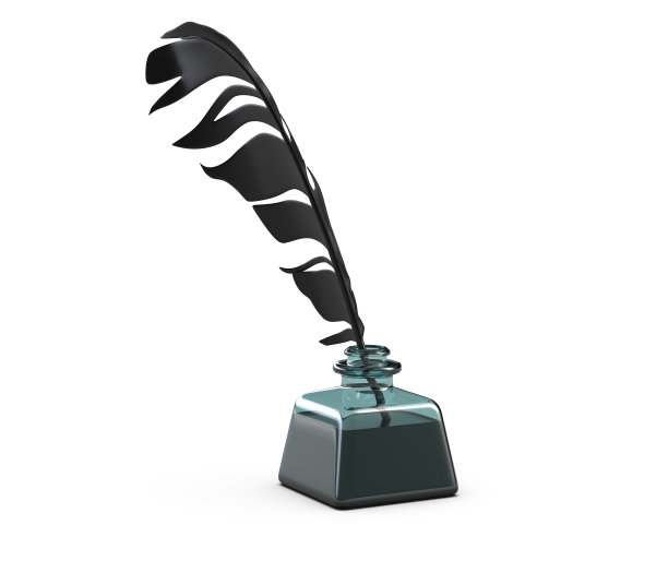 羽毛笔的3D插图在玻璃墨水瓶上孤立的白色图片下载