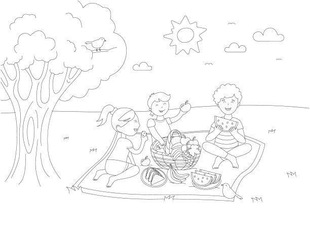 在野餐的孩子们是黑白的图片下载