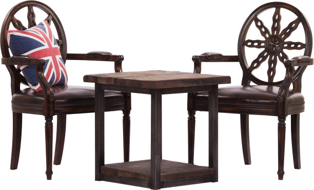 木制的椅子和桌子孤立在白色的背景上图片下载