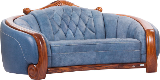 蓝色皮革复古沙发孤立在白色背景图片下载