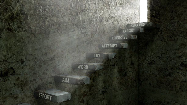 带有动机标志的楼梯通向光明和从黑暗的地下室出口，3d插图图片下载