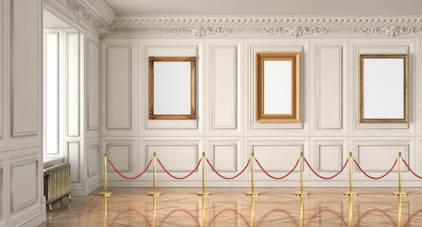 一个经典的画廊大厅装饰在白色与木地板的3D渲染。三维演示图片下载