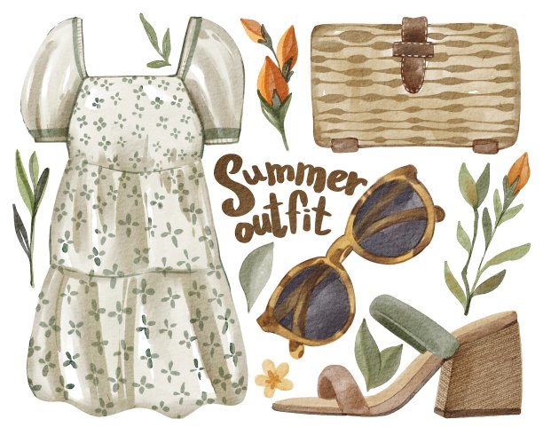 水彩手绘夏装套装:可爱的连衣裙，太阳镜，藤包，凉鞋与树叶和鲜花。时尚的颜色。用于海报，印刷，卡片，设计，商店，市场，杂志图片下载