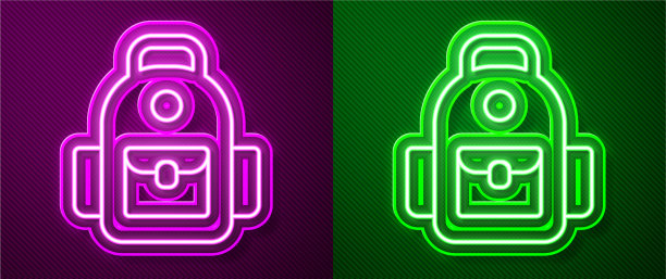 发光的霓虹灯线学校背包图标孤立上图片下载