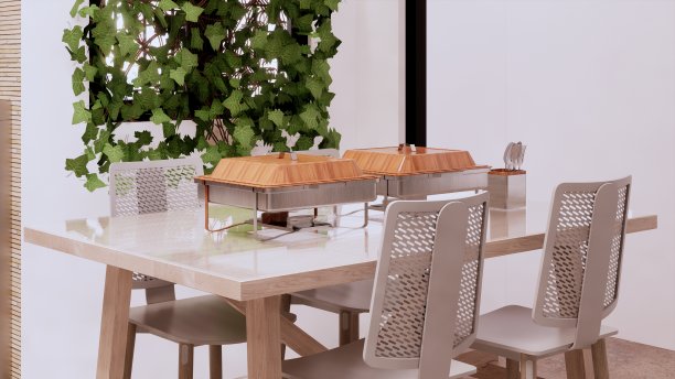 开放式厨房，带有现代极简主义概念，带有室内花园和自然阳光图片下载