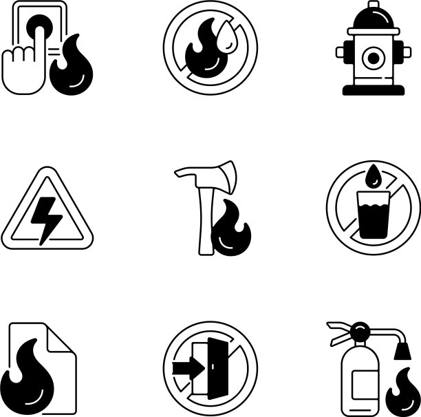 火灾紧急黑色线性图标设置图片下载