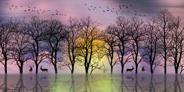 3d现代艺术壁画景观壁纸与黑暗的丛林，森林背景。黑色的圣诞树，月亮上有白色的小鸟和小鹿。适合作为家庭装饰墙上的框架使用。图片下载