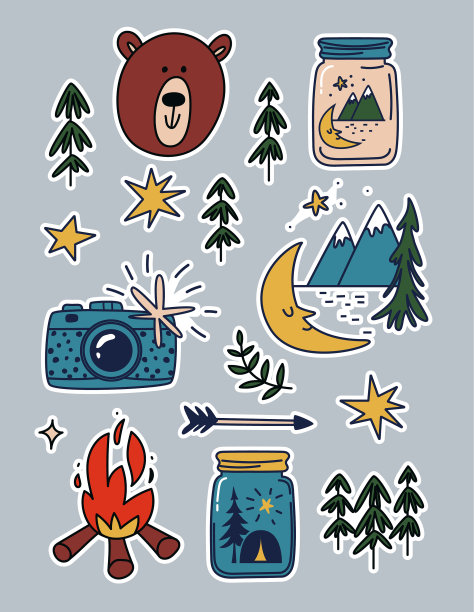 露营贴纸设置卡通补丁山图片下载