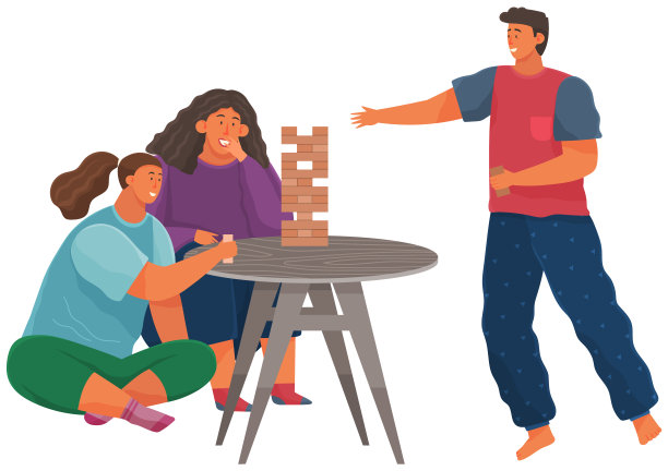 快乐的一家人玩叠叠高游戏。人们在客厅里玩棋盘游戏，共度时光和交流图片下载