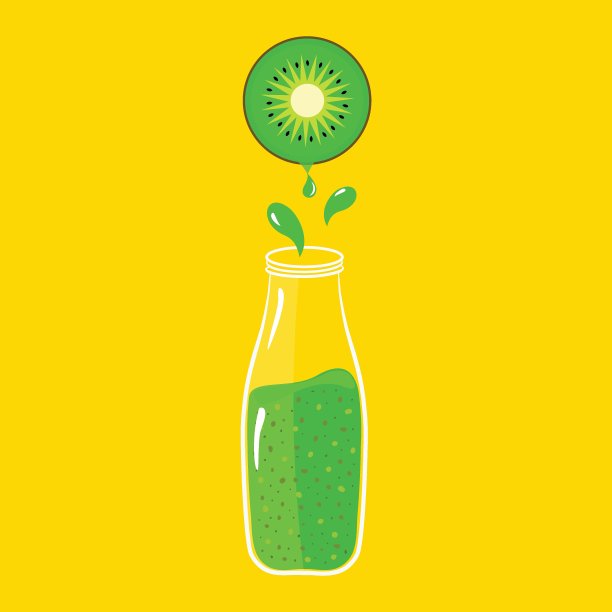矢量插图的玻璃瓶与绿色水果和蔬菜冰沙滴片多汁猕猴桃在黄色的背景图片下载