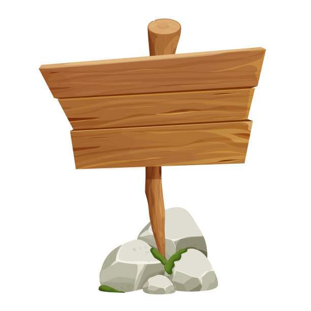 木制指针，招牌与岩石，石头堆和苔藓卡通风格孤立在白色的背景。Ui资产，设计元素。带有木板的有纹理的老树枝。矢量图图片下载