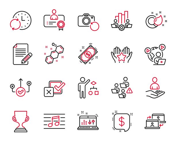 与声音检查，音乐音符和恢复照片相关的教育图标向量集。向量图片下载