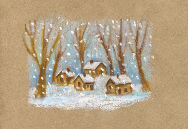 简单可爱的冬季风景画，用蜡笔，油彩。冬天的森林，几个农村的房子。圣诞景观图片下载