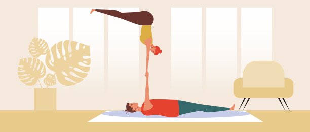 夫妇在家里，瑜伽体式，平面矢量股票插图与活动在家里作为家庭瑜伽练习图片下载