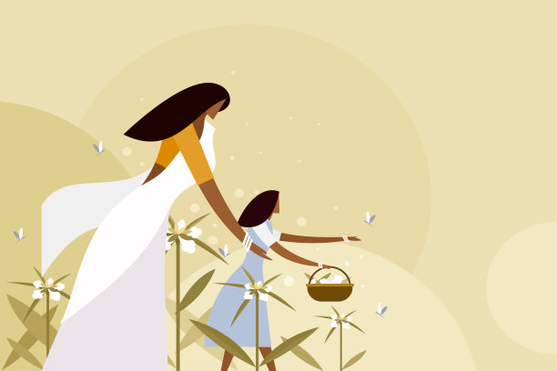 穿着传统服饰的母女在户外采集鲜花。喀拉拉邦阿南节的概念图片下载