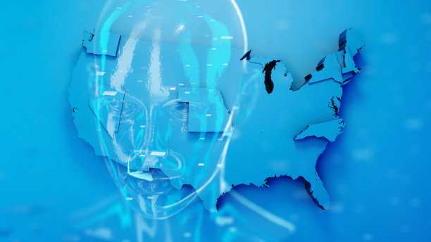 美国地图与州在蓝色数字背景和人形图片下载