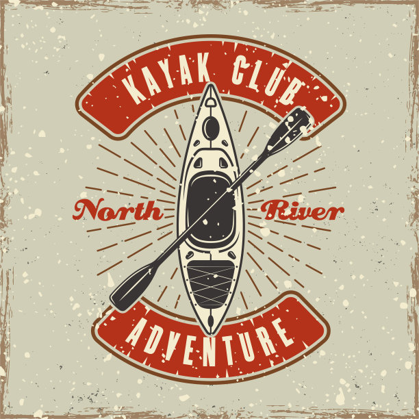 皮艇和射线彩色徽章，徽章，标签或标志矢量插图复古风格与垃圾纹理和划痕图片下载
