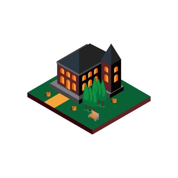 中世纪建筑与树和万圣节南瓜图片下载