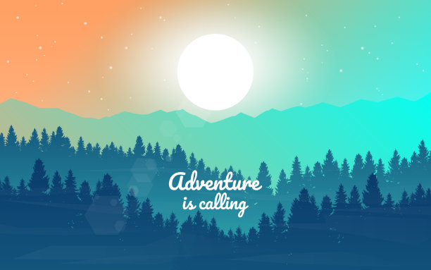 山的风景。旅行宣传单，背景资料，小册子。探险、远足、野营、度假。抽象景观，旗帜与多边形景观插图，简约风格，平面设计图片下载