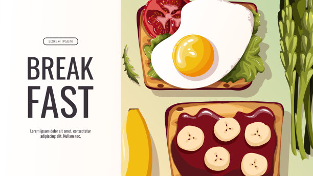 吐司配炒蛋和番茄。甜吐司配香蕉。健康饮食，营养，饮食，烹饪，早餐菜单，新鲜食品宣传横幅。图片下载