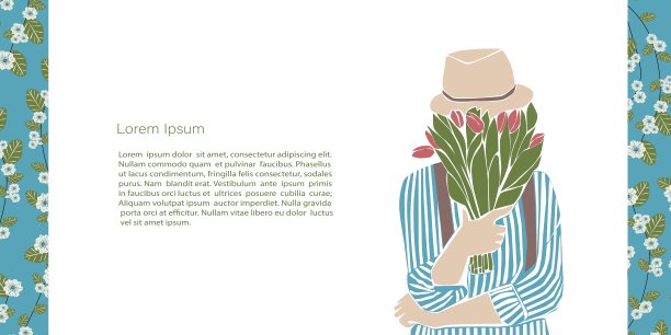 可爱的抽象插画人物和春夏。拿着花束的女孩。矢量模板与复制空间的邀请，卡片或横幅和海报，登陆页图片下载