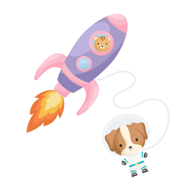 可爱的小猫在紫色的火箭里飞行。卡通狗角色在太空服装与火箭在白色背景。设计婴儿送礼会，邀请卡，墙壁装饰。矢量图图片下载